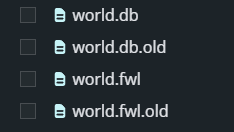 A list of Valheim world save files in the File Manager, including the active .db and .fwl files along with their .old backup versions.