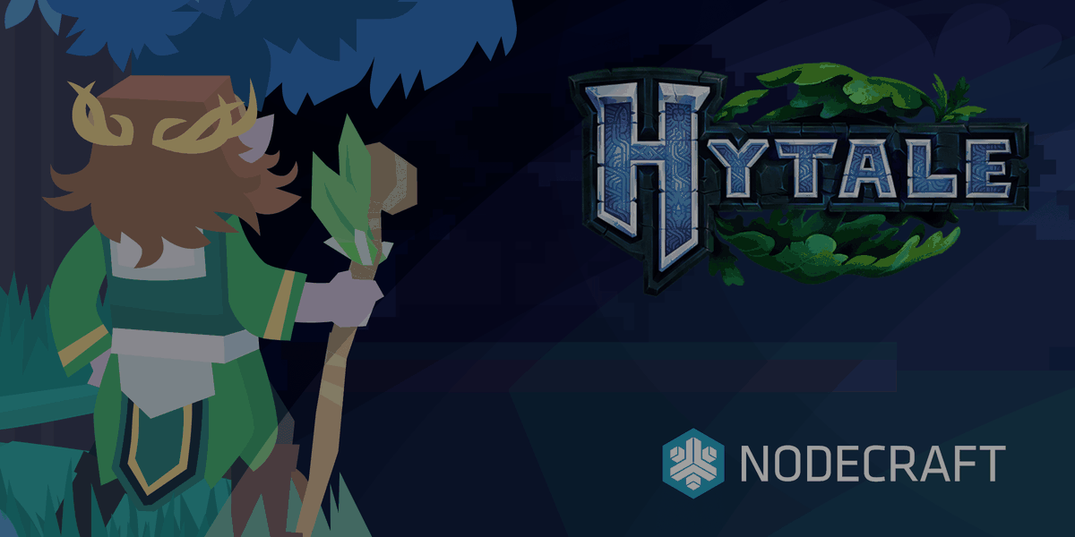 Hytale player standing on a cliff staring off into the horizon with the Hytale and Nodecraft logo