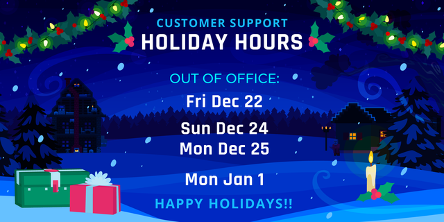 Holiday hours graphic: Out of office Dec 22, Dec 24-25, and Jan 1