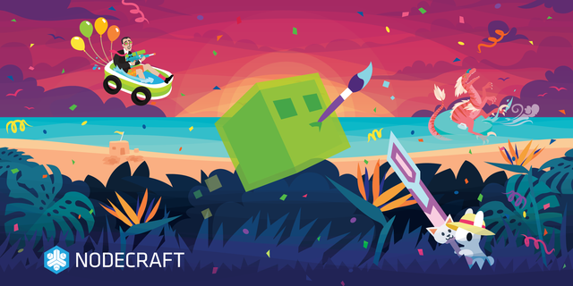 A minecraft slime with a paintbrush jumps among confetti and characters from other games.