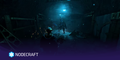 Enshrouded player facing an enemy inside a dark ruin while blue magical effects and icy particles fill the area with a nodecraft logo overlay.