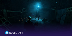 Enshrouded player facing an enemy inside a dark ruin while blue magical effects and icy particles fill the area with a nodecraft logo overlay.