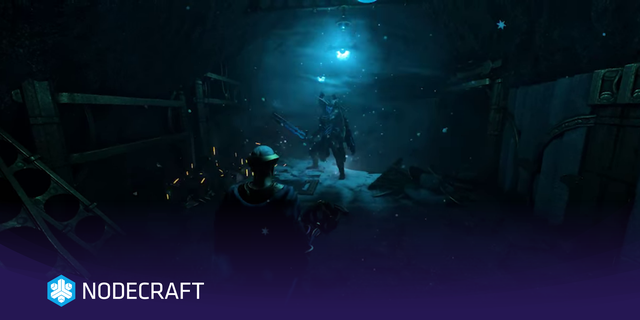 Enshrouded player facing an enemy inside a dark ruin while blue magical effects and icy particles fill the area with a nodecraft logo overlay.