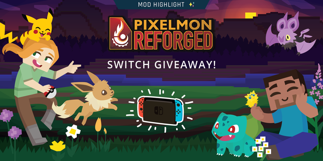 Pixelmon Reforged Switch Giveaway!  Pokemon gather with Alex and Steve in a Minecraft sunset. 