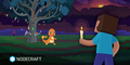Minecraft Steve approaches several modpack-specific creatures, holding a candle in the sunset.