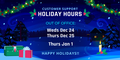 Customer Support holiday hours:  Out of office Weds Dec 24, Thurs Dec 25, and Thurs Jan 1.  A snowy minecraft village in blue.