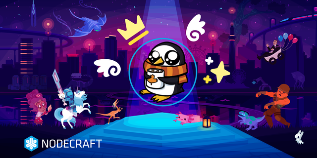 A spotlight shines on Darkosto's penguin avatar on a pedestal, surrounded by characters from several games.