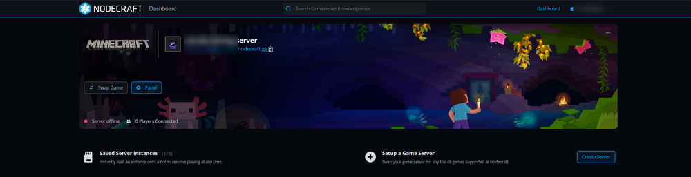 Nodecraft dashboard showing Minecraft server panel with pixel-art cave banner,