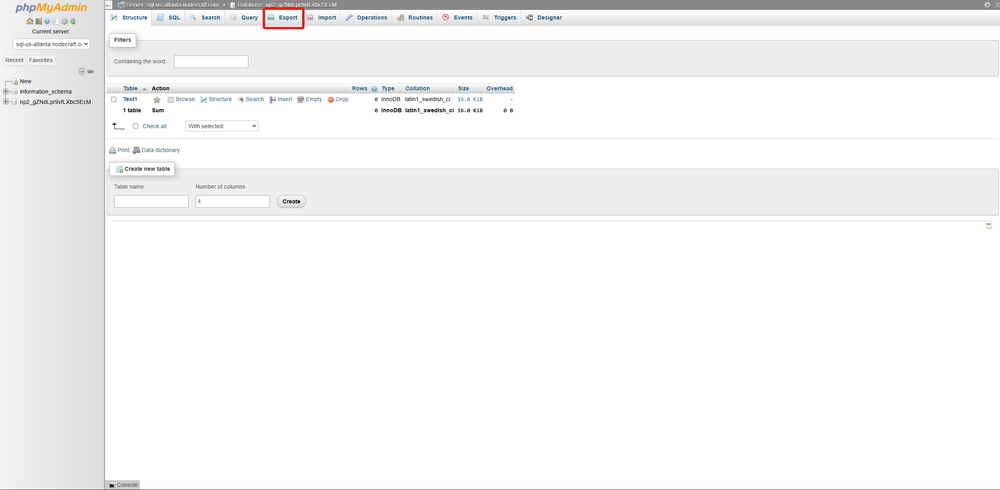 Screenshot of phpMyAdmin interface showing the database structure with options to create a new table and export data highlighted.
