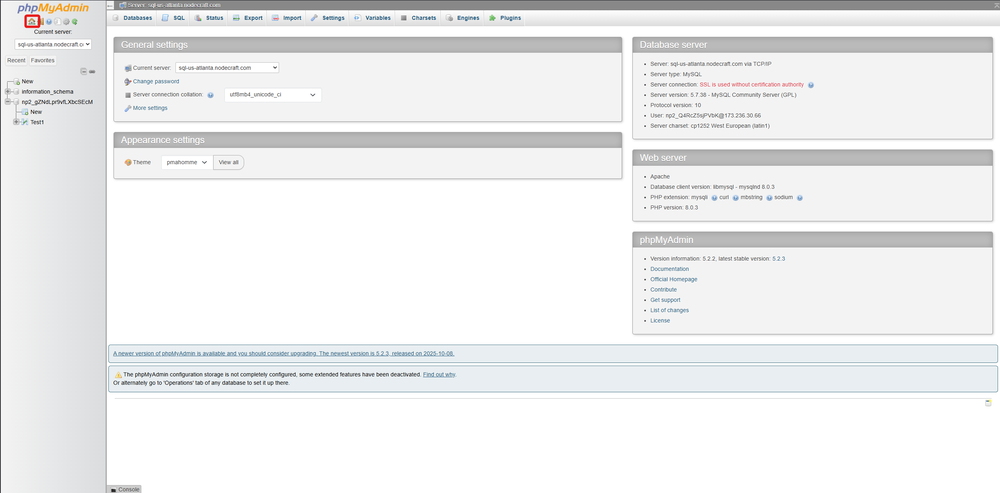 Screenshot of phpMyAdmin interface showing settings for database server, web server, and appearance, with navigation options on the left.