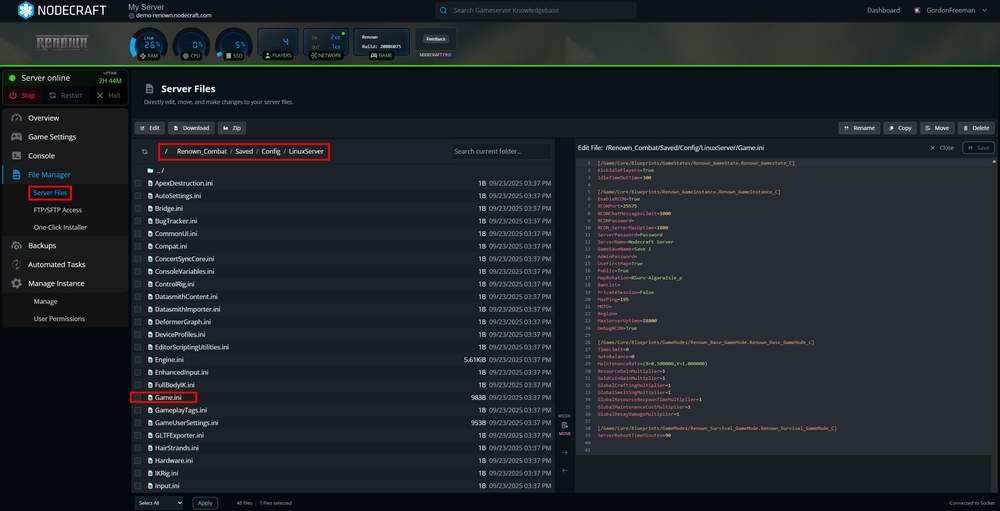 A server management interface displaying a list of server files on the left and code details on the right, with various menu options on top.