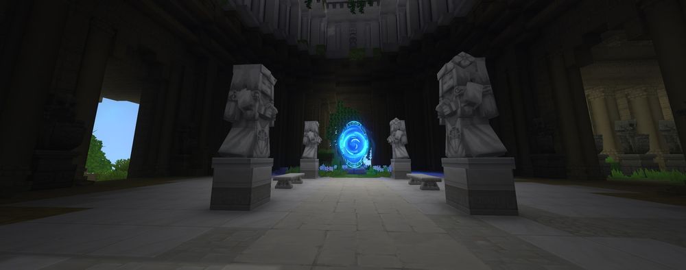 Interior of the Forgotten Temple in Hytale with stone statues and active portal.