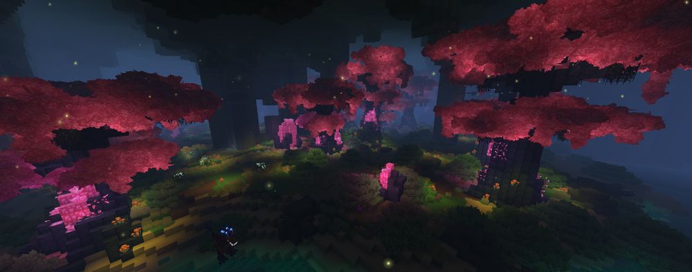 Hytale underground jungle biome featuring glowing pink trees, dinosaurs, and ambient lighting.