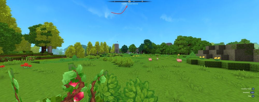 Hytale overworld view showing the Forgotten Temple Gateway location on the compass.