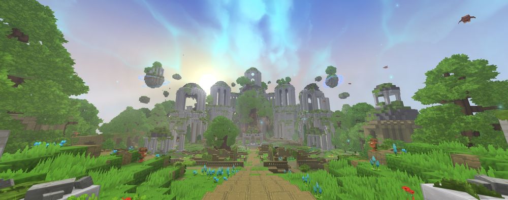 Ancient temples in Hytale's Forgotten Temple featuring floating islands and overgrown stone architecture.