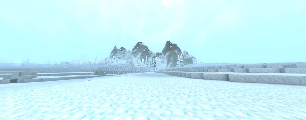 Snow-covered Everfrost biome in Hytale featuring frozen terrain, icy plains, and distant mountains in a cold winter environment.