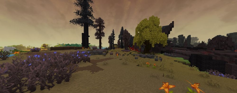 Cinder Wastes biome in Hytale with volcanic terrain, dark soil, and scattered vegetation in a harsh environment.