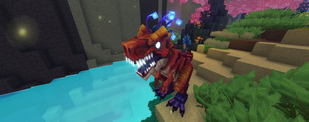 Hytale dinosaur standing near a river in the underground jungle.