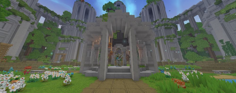 Exterior view of the inside of the Forgotten Temple in Hytale surrounded by greenery.