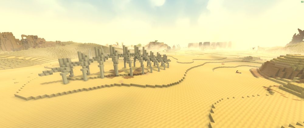 Desolate Basin biome in Hytale featuring sandy terrain, stone formations, and dry desert-like landscape.