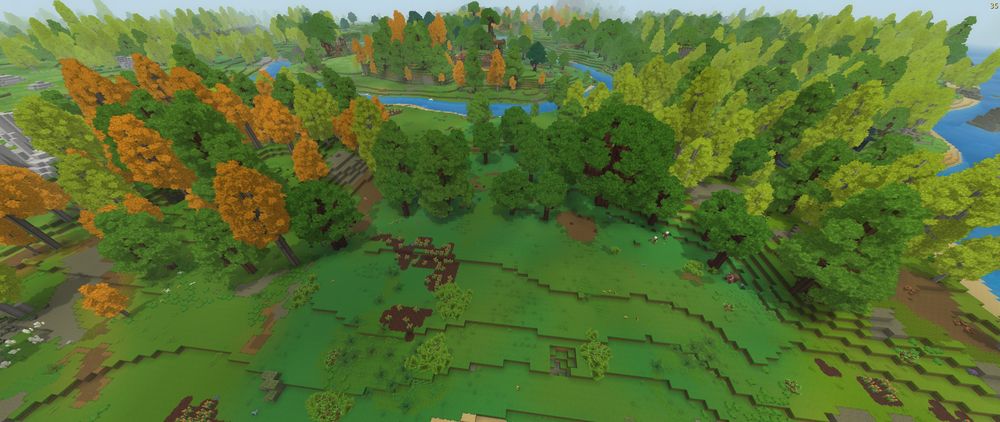 Drifting Plains biome in Hytale showing open grassy fields, rolling hills, and scattered trees across a peaceful landscape.