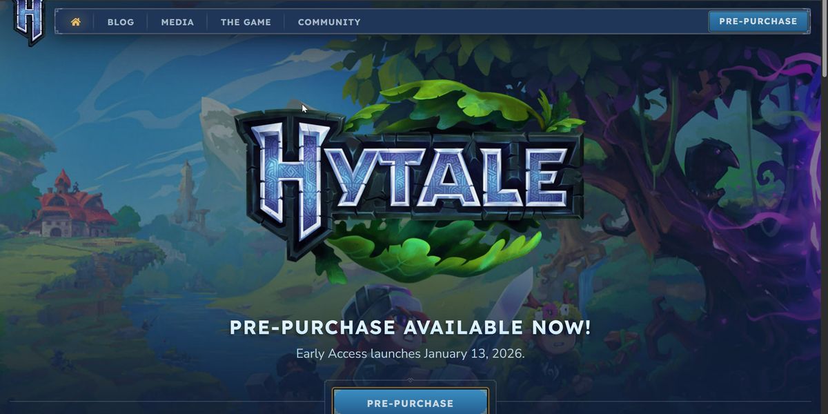 Hytale website banner showing large Hytale logo over a fantasy landscape, "Pre-purchase available now" and Early Access Jan 13, 2026.