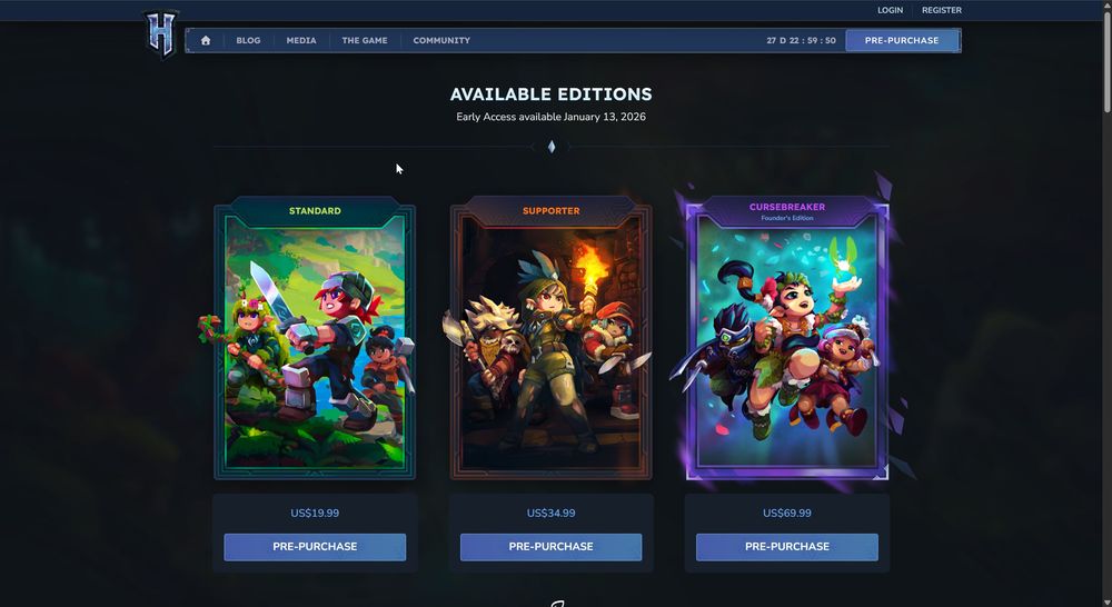 Webpage showing three colorful game editions: Standard, Supporter, Cursebreaker, each with artwork, price and pre-purchase button.