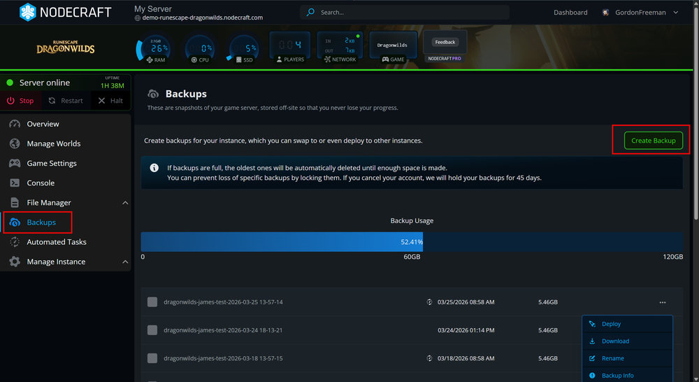 The Nodecraft Control Panel for a RuneScape: Dragonwilds server. The interface shows the 