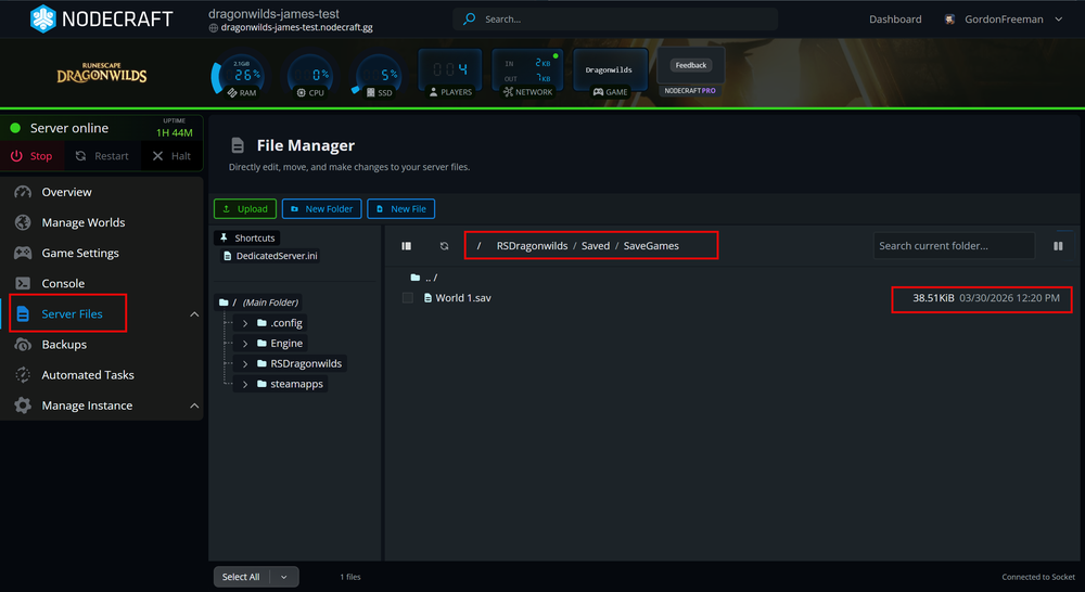A screenshot of the Nodecraft File Manager showing the directory structure for a RuneScape: Dragonwilds server. The file path RSDragonwilds/Saved/SaveGames is highlighted in a red box at the top, and a specific save file named World1.sav is highlighted in the file list on the right, displaying its file size and the most recent 