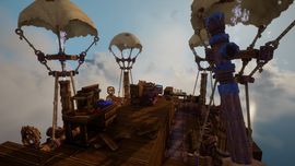 A complex player-built base in Everwind featuring wooden platforms, tall towers, and balloon-topped structures resembling airships against a mountainous backdrop.