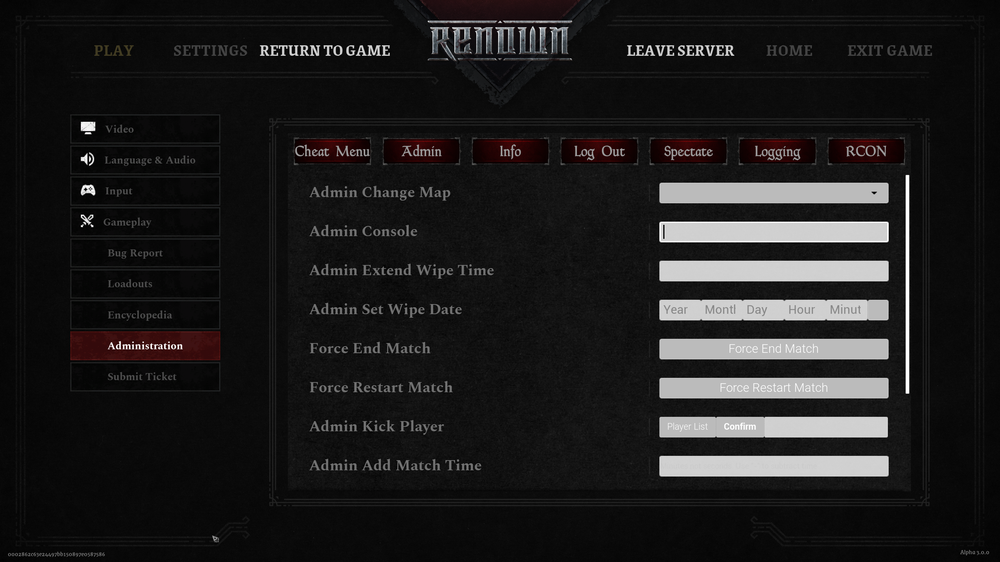 Game server administration menu with options like Admin Change Map, Admin Console, and Force Restart. Tabs include Cheat Menu and Info.