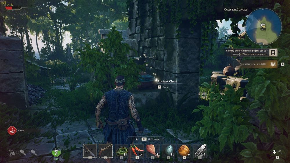 Windrose gameplay screenshot showing a player opening an Ancient Chest in jungle ruins while searching for loot such as gunpowder.