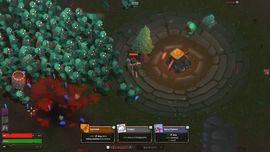 Top-down gameplay from an s&box game mode featuring a central base surrounded by a large horde of green enemy creatures and a custom ability hotbar.