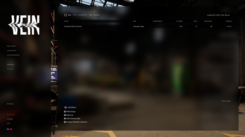 Vein Join Multiplayer menu with the server name searched