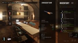 In game hud showing player inventory and what is equipped. It also shows advanced details of a tool with quick actions to place, hold, remove from quick use, and drop.