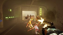 First-person shooter in a smoky underground tunnel; player fires a gun at a growing crowd of zombies under glowing green lights.