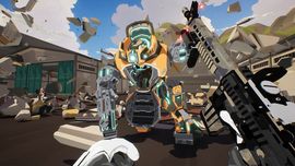 ShatterRush gameplay featuring a giant combat mech standing in an urban arena