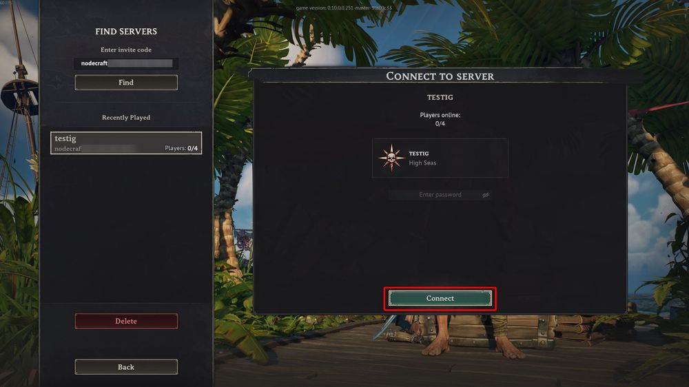 Connect button on the Windrose server connection screen.