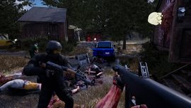 First-person view of a zombie apocalypse: armed players in a forested yard with a blue pickup, tents, a wooden shack, and scattered bodies.
