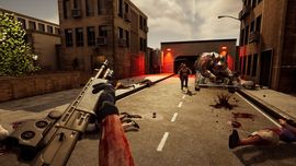 First-person view with a large sci-fi gun on a blood-splattered city street; corpses lie as a snarling wolf-like monster lunges from a truck.