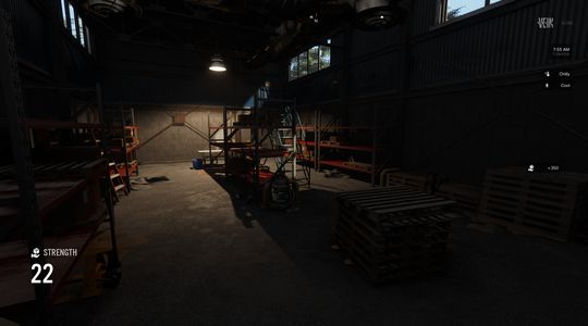 Warehouse that is mostly dark with one overhead light showing shelves and ladders in a brick room. In game overlay shows Strength of 22 , player is chilly and cool, and has +350 beside an icon of a hand holding a box.