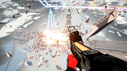 ShatterRush first-person perspective showing explosive destruction and flying debris during intense multiplayer combat