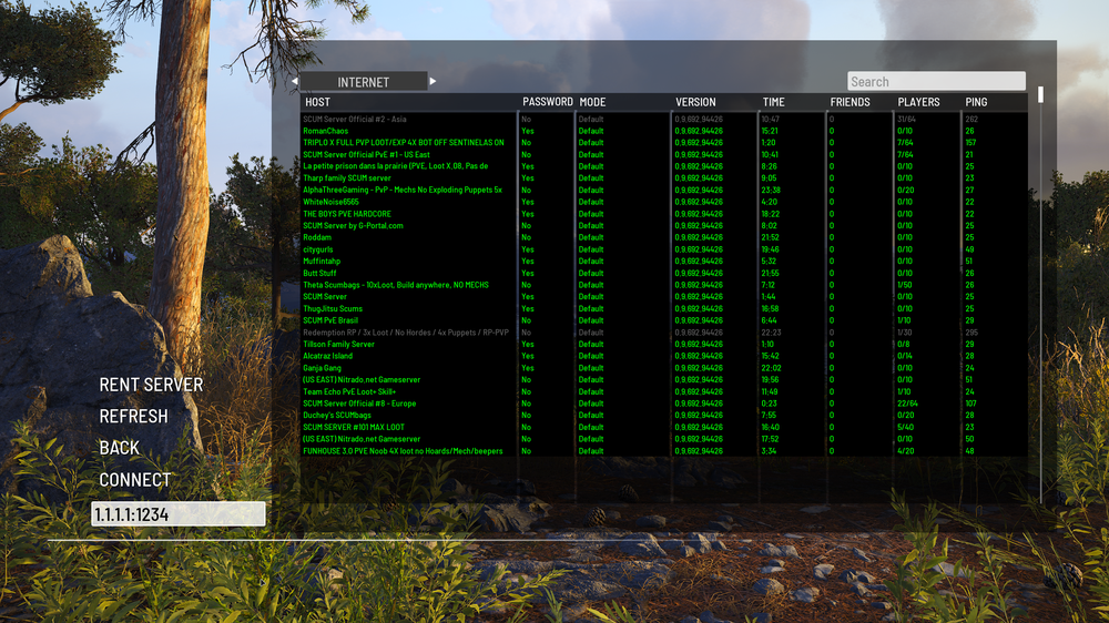 Shows the SCUM multiplayer menu with the input box filled in with server information