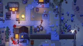 Top-down pixel-art gameplay screenshot from Romestead showing a night-time battle scene where characters are defending a fortified wooden village base against glowing enemy effects.