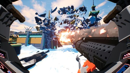 ShatterRush first-person combat showing intense firefight and map destruction in an online match