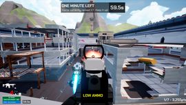 ShatterRush first-person gameplay showing player aiming a scope near industrial buildings and mechs in a multiplayer match