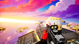 ShatterRush first-person perspective showing high-speed parkour movement on elevated platforms against a vibrant sunset sky