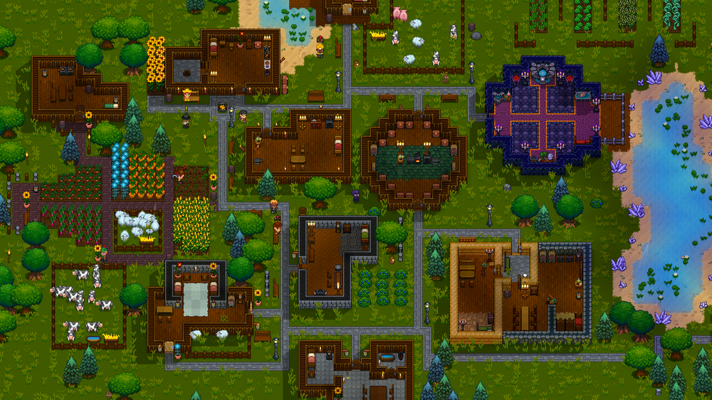 Colorful pixel art village with wooden buildings, gardens, animals, and a pond. Paths connect various structures surrounded by greenery.