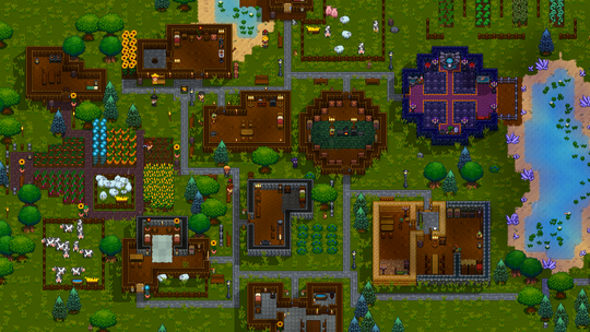 Colorful pixel art village with wooden buildings, gardens, animals, and a pond. Paths connect various structures surrounded by greenery.