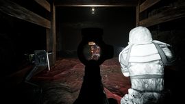 Dark mine tunnel with wooden supports and red water; a sniper aims through a scope at an undead figure, while a white-clad soldier stands to the right.